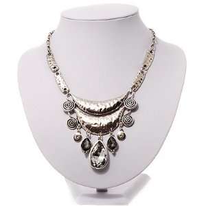   Tone Hammered Diamante Bib Style Necklace   38cm Length Jewelry