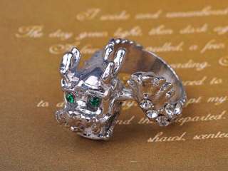 Roar Feisty Emerald Eye Shiny Silver Toned Dragon Ring  