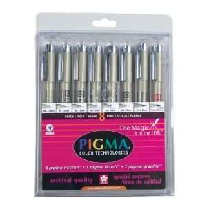  Alvin 30067 Assorted Pigma All Black Pen Brush   Set of 8 