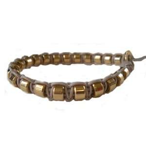  Yara Jewelry   Gold Halfpipe Bracelet on Oatmeal Leather 