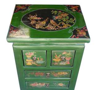 Green Chinese Floral Paint End Table Nightstand s1323  