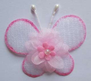 Padded Butterfly w/ Organza Flower Appliques x 35  Pink  
