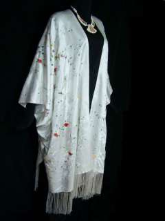 Silk Kimono Caftan Duster Coat White Embroidered 5x New  