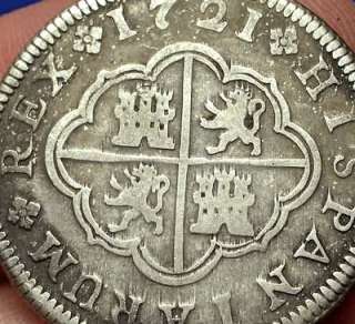 EXCELLENT 1721 SPANISH COLONIAL AMERICA CROSS STYLE 2 REALES!  