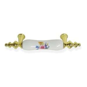  Bright Brass And White With Flowers Ceramic Drawer Pull 