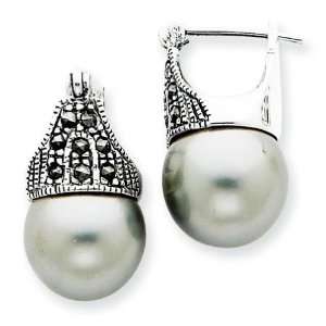   Sterling Silver Marcasite and Simulated Pearl Hoop Earrings Jewelry