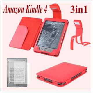 3in1 For  Kindle 4 Red Leather Case Cover With Reading Light LCD 