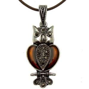   & Hematite Crystal   Vintage Marcasite Style Owl Necklace Jewelry