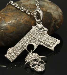 Fashion hip hop swarovski crystals pirate pistol gun pendant necklace 