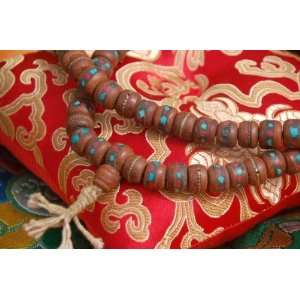  Tibetan Embedded Bodhi Seed Mala w/ Turquoise+coral 