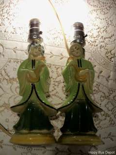 Pair Mid Century Modern Green Oriental Musician Vanity Lamps Vintage 