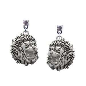  Large Lion   Mascot Clear Swarovski Post Charm Earrings 