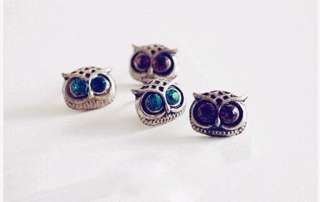 E1972 New Vintage Retro Chic Blue Eyes Owl Rhinestone Stud Earrings 