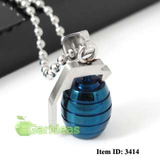   Steel Blue&Silver Grenade Chain Pendant Necklace Item ID:3414  