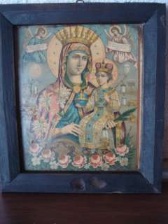 ANTIQUE RUSSIAN PAPER LITHOPRINT ICON VIRGIN MARY/CHILD FRAMED GLASS 