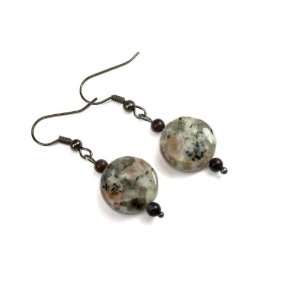   Marble Stone Disc Dangle Earrings, Grey, White, and Pink Tone Jewelry