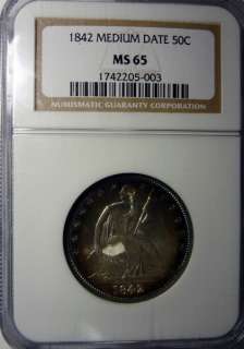 1842 MEDIUM DATE SEATED HALF DOLLAR NGC MS65 GEM, RAINBOW COLORS 