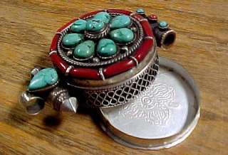 Tibetan Amulet/Ghau Pendant with Natural Coral and Turquoise Stones 