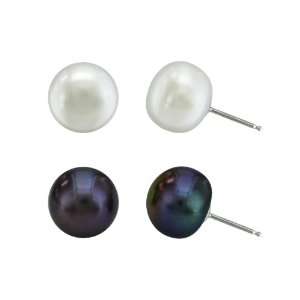  2 Pair 10 11mm Button Freshwater Pearl Stud Earrings Set 