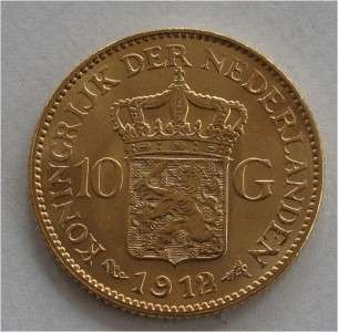 NETHERLANDS GOLD COIN, 10 GULDEN, 1912 BU  