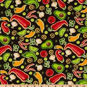  44 Wide Salsa Picante Vegetables Black Fabric By The 