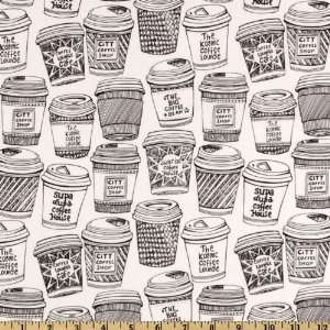  44 Wide Coffee Buzz Coffee Cups White/Black Fabric By 