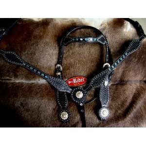  WESTERN LEATHER HEADSTALL WITH BLACK LEATHER AND BLUE GEMS 