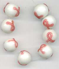 White Round Pink Ribbon Breast Cancer Lampwork Glass Beads 10mm  