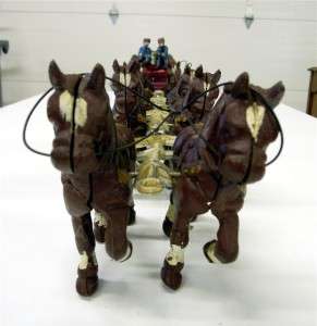 BUDWEISER CAST IRON BEER WAGON W/8 CLYDSDLE HORSES, 2 MEN, DOG, 31 