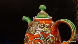 Unique Bulgarian Pottery Teapot Whimsical Orange Green  