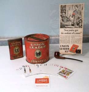   Tobacco Estate Pipe Unsmoked ~ 1939 Union Leader Ad & Tins ~Cards