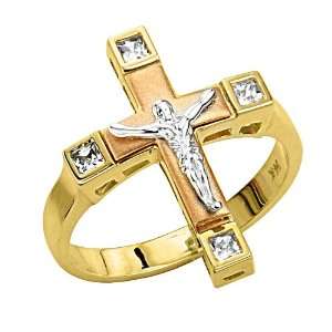 14K 3 Tri color Gold Religious Jesus Cross Crucifix Fashion CZ Cubic 