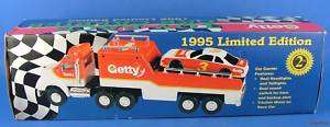 1995 Plastic Getty Toy Race Stock Car Carrier Truck  