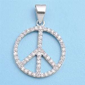 Sterling Silver Embellished Peace Sign CZ Pendant: Jewelry
