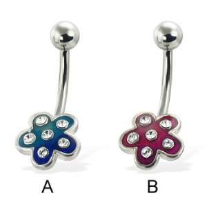  Colored 5 petal flower belly button ring with gems, blue 