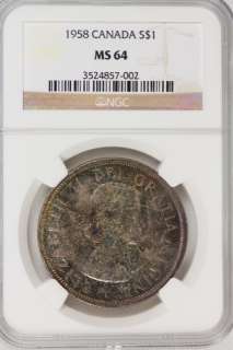1958 $1 Canada .8 Silver NGC MS64 *  