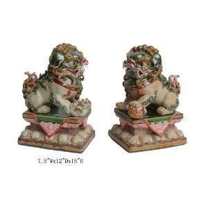  Gorgeous Pair Chinese Colorful Carved Clay Lucky Foo Dogs 