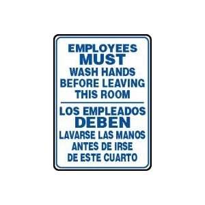EMPLOYEES MUST WASH HANDS BEFORE LEAVING THIS ROOM (BILINGUAL) Sign 