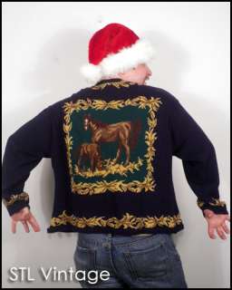 vtg 80s UGLY CHRISTMAS SWEATER HORSES CARDIGAN equestrian SUSAN 