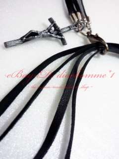 black feather necklace w/ leather cord cross detailed  