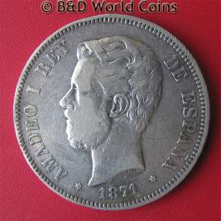 SPAIN 1871 (71) SD M 5 PESETAS SILVER 37mm CROWN AMADEO I  