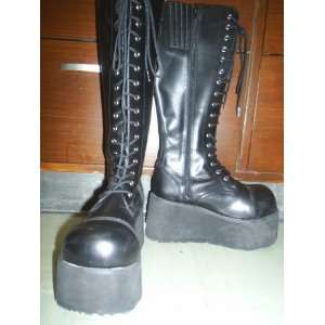   502 Black Unisex Leather Platform Creeper Boots 