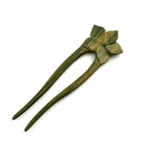   Handmade 2 Prong Lignum vitae Wood Floral Carved Hair Stick 5.3 inches