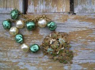 Vintage Upcycled Art Nouveau Buckle necklace Faux Baroque pearl Green 