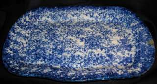 Antique Cobalt Flow Blue & White Spongeware Serving Platter Tray Large 