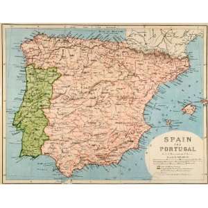  1882 Lithograph Art Antique Map Spain Portugal Biscay Bay Cadiz 