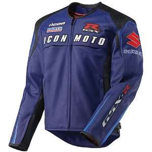 Icon Automag Suzuki Mens Leather On Road Motorcycle Jacket   Blue 