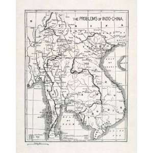 : 1895 Wood Engraving Map Problems Indo China Sea Siam Cambodia Burma 