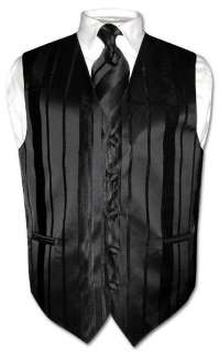 Mens Dress Vest & NeckTie BLACK Striped Woven Neck Tie Design Set 