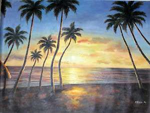 Tropical Island Sunset Scene with Coconut Trees Oil Painting Large 3 